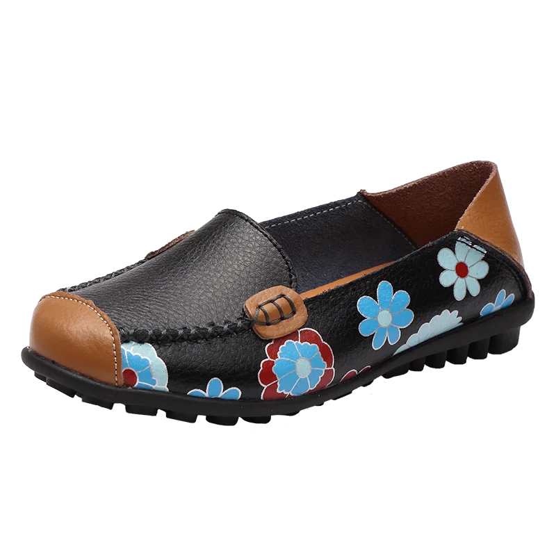 

Fashion Print Flower Summer Women's Loafers Hollow Genuine Leather Woman Flats Shoe Moccasins Ballet Female Shoes Big Size 34-44