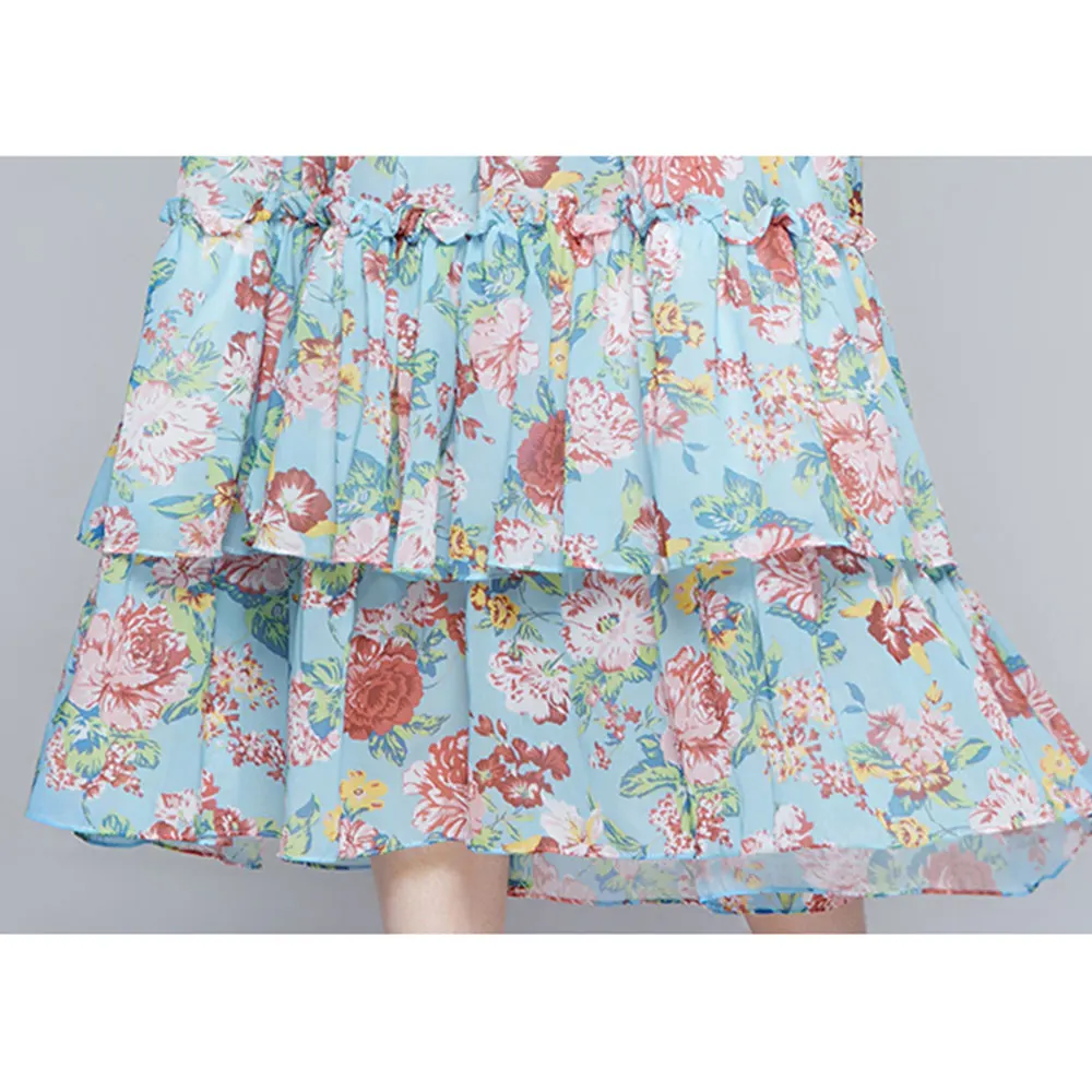 

Merchall Summer Chiffon Long Dress Woman Elegant Floral Print V Neck Batwing Sleeve Ball Gown Elastic Ruffled Maxi Dress M68183
