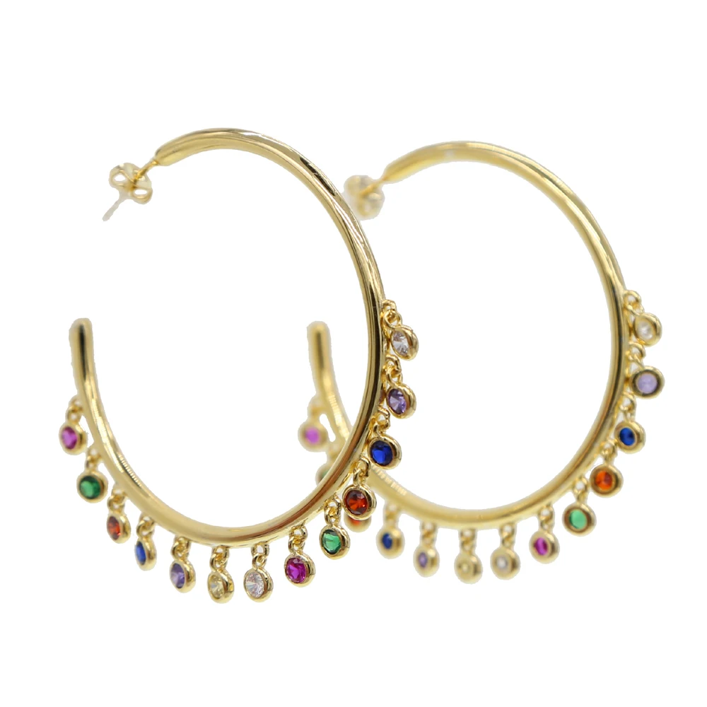 gold filled Multiple Round rainbow cz charm Earrings Jewelry gorgeous circle hoop Chandelier for Women fashion | Украшения и