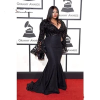 2019 new grammy awards plus size evening celebrity dresses long sleeves sequins prom gowns black lace mermaid dress vestidos