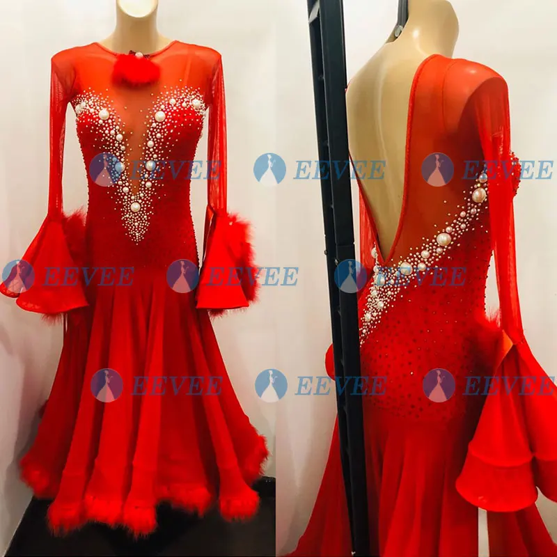 Женское платье с длинным рукавом красное для бальных танцев перьями одежда
