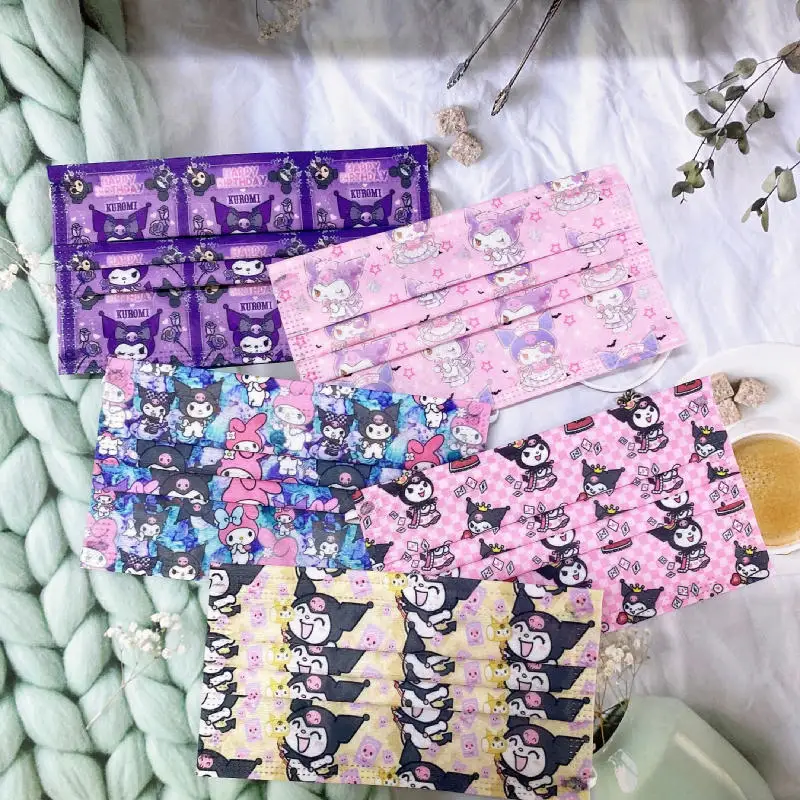 

Маска для лица Kawaii Kuromi, 50 шт., маска розового покера, мультяшная Милая одноразовая маска Sanrio, трехслойная маска Aldult для девочек, подарок для д...