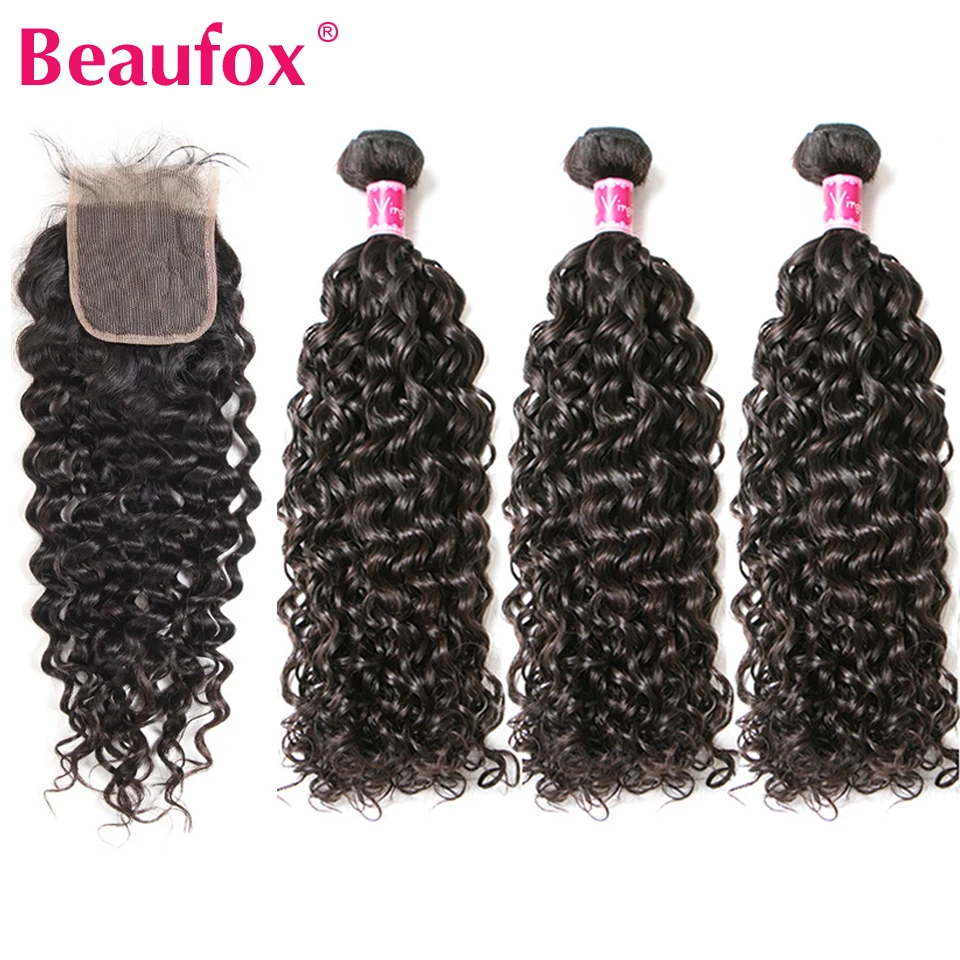 Beaufox волнистые пучки с закрытием индийские волос Remy человеческие волосы 3 пучка и