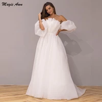 magic awn simple boho wedding dresses 2022 detachable puffy sleeve organza a line white ivory bridal gowns vestidos de novia