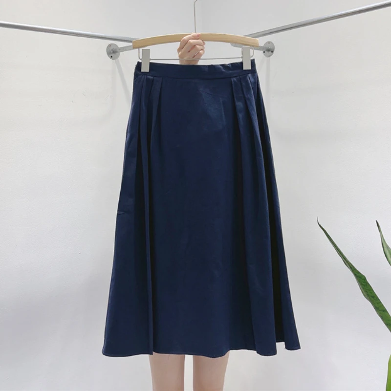 Autumn Preppy Pleated Long Cotton Skirts Mustard Temperament A-line Calf Length | Женская одежда