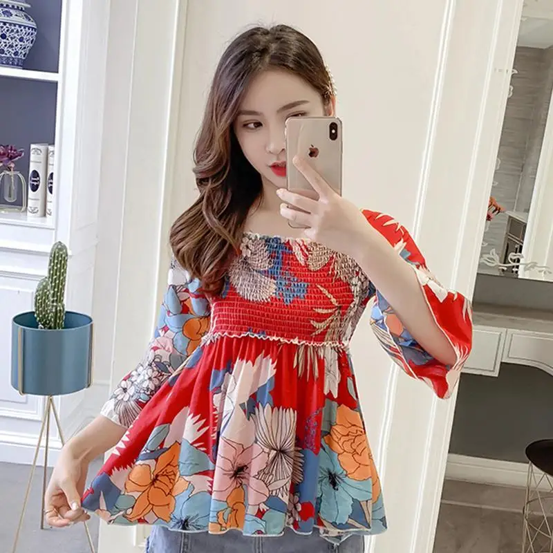 

2022 Casual Flared Sleeve Print Blouse Summer New Floral Chiffon Shirts Women Square Collar Ladies Tops Blusas Mujer Y816