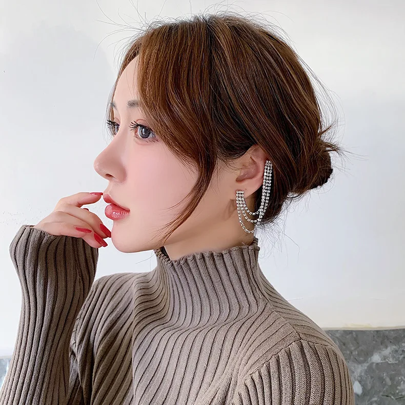 

XIAOBOACC Korean Fashion Earrings for Women Micro Inlaid Diamond Simple Temperament Long Tassel Ear Clips Free Shipping