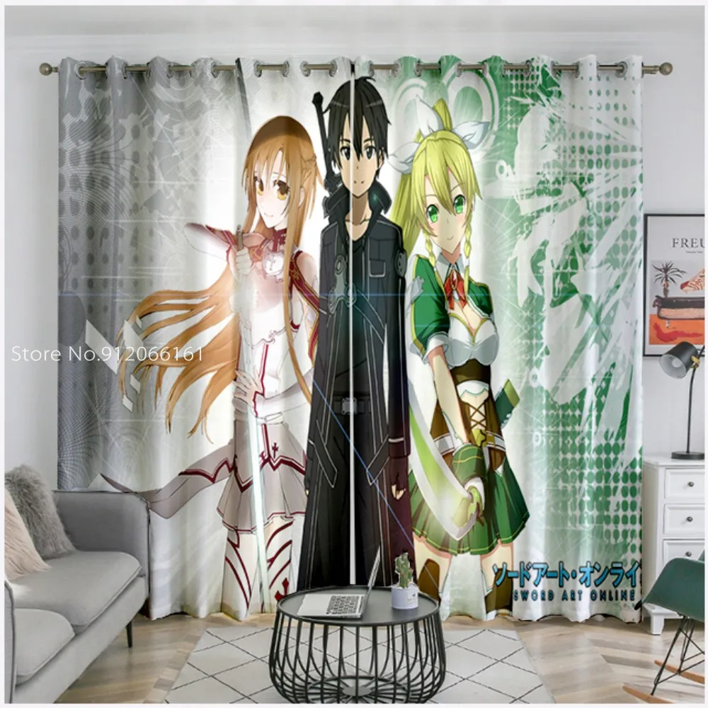 Японские Аниме оконные драпировки 3D печать меч искусство онлайн шторы 2 панели