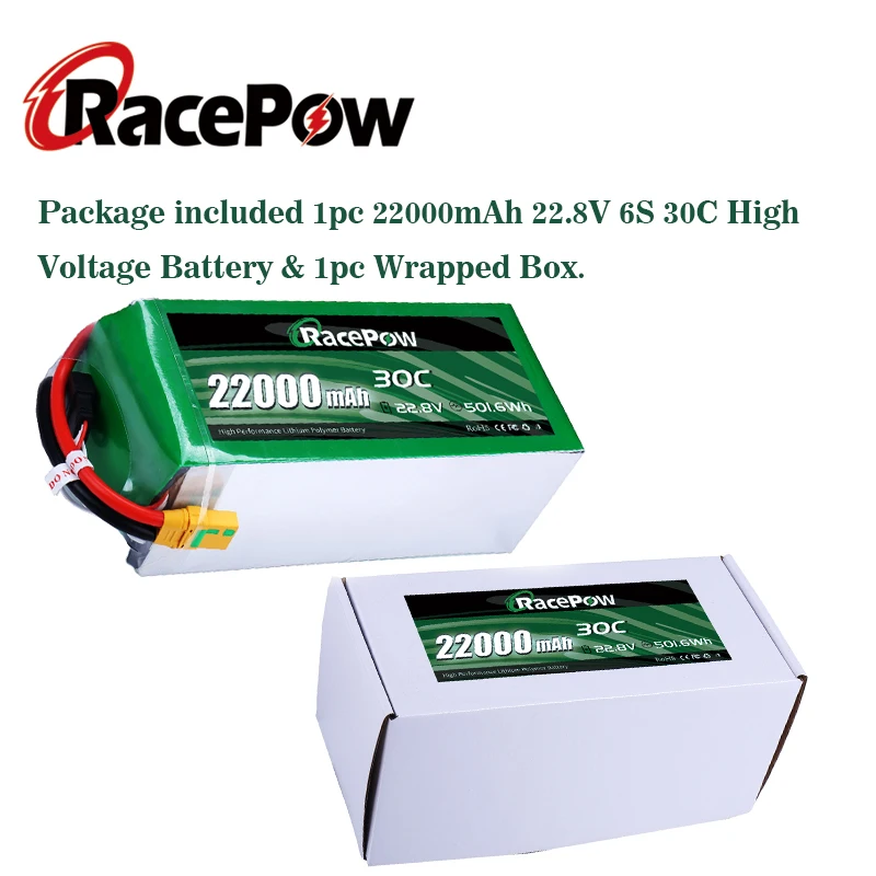 

RacePow High Voltage Battery 22000mAh 22.8V 6S 30C with XT90-S Plug for RC Car Agricultural Spraying Drone Hexacopter Airplane
