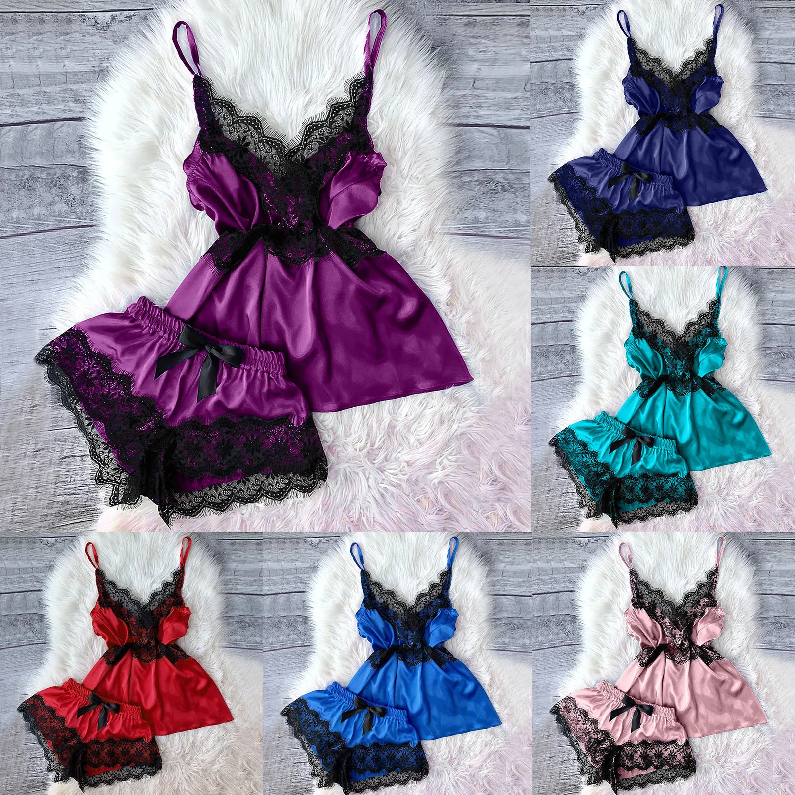 

V-Neck Eyelash Lace pyjama femme Sexy Lace Stain Pajamas Set Silk Home Suit Pijama mujer Ladies Bowknot Casual Shorts Set A50