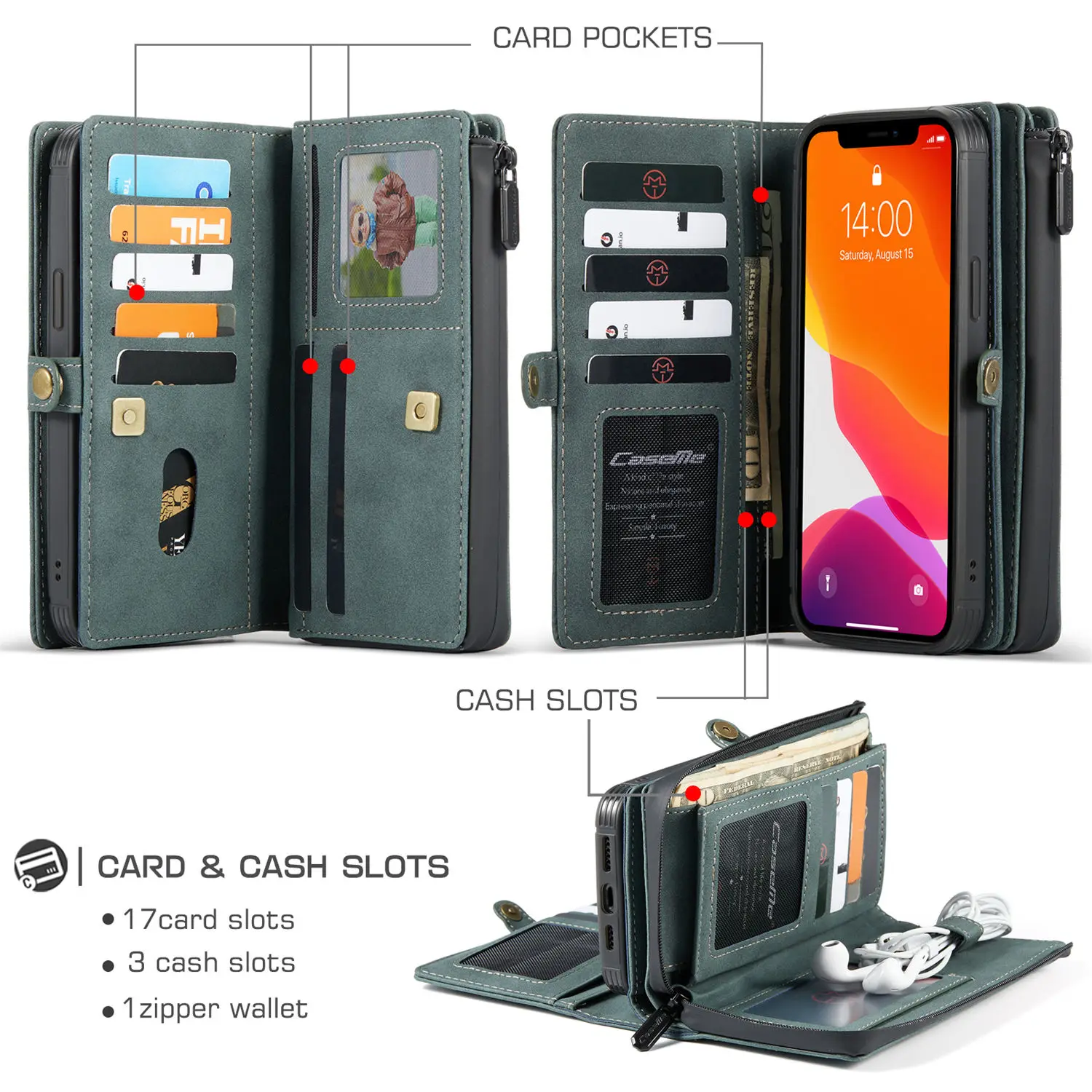 

CaseMe Wallet Case For iPhone 12 mini/iPhone 12 Por Max Zipper Wallet Leather Original Zipper Flip Wallet Leather for 12 Por Max