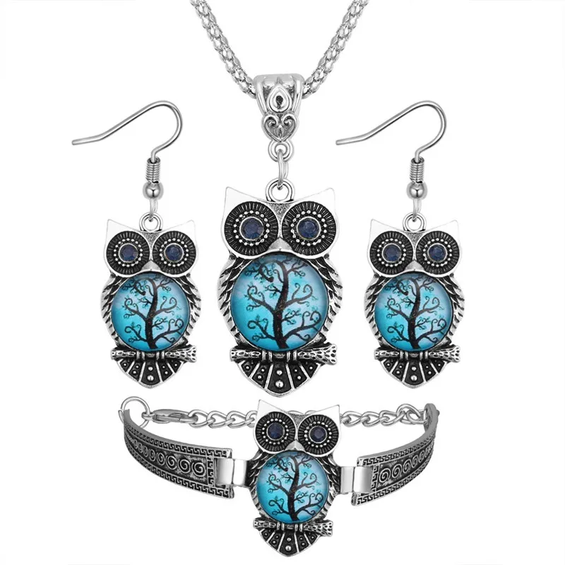 

Boho Female Crystal Jewelry Set Charm Silver Color Dangle Earring For Women Vintage Owl Bracelet Wedding Chain Necklace