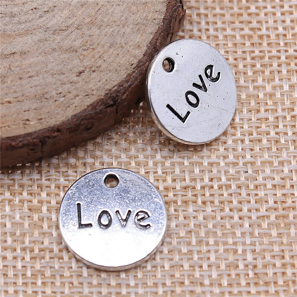 

32pcs 16x16mm antique silver Double-sided LOVE round tag charms diy retro jewelry fit Earring keychain hair card pendant