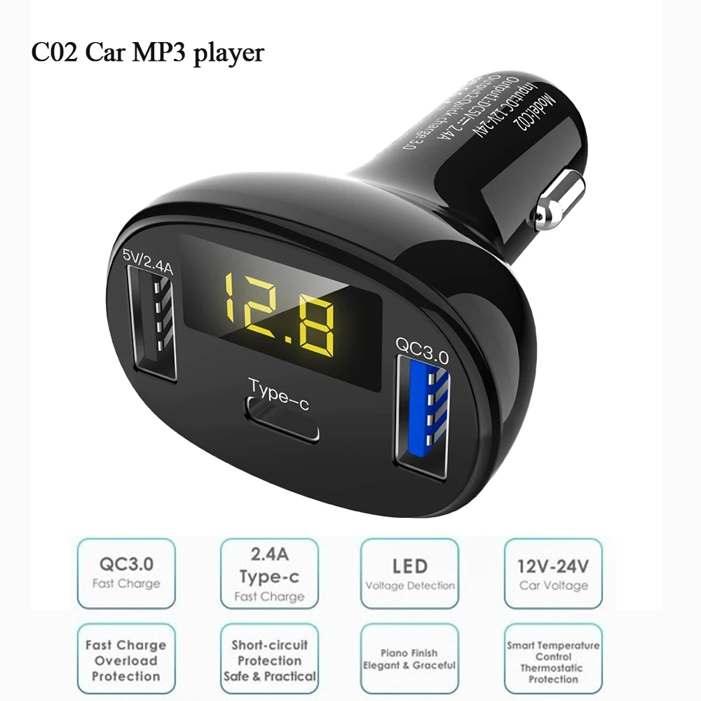 

Автомобильное зарядное устройство C02 с USB и TYPE C для быстрой зарядки