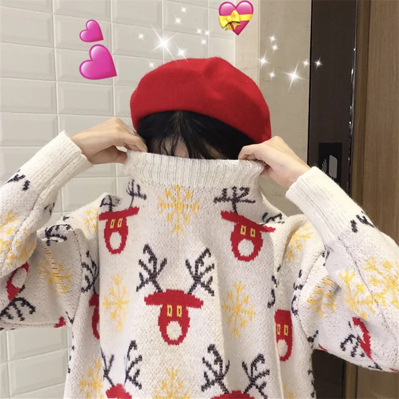

Christmas Women Sweater Pullovers Autumn 2019 Knitted Tops Jumper Female Winter Short Warm Knitwear Print Elk Pull Femme H206