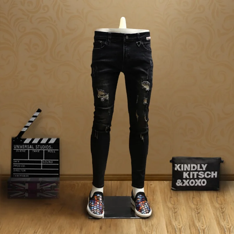 Casual Men Skinny Ripped Jeans Black Denim Pants for Streetwear Cowboys PSMJ70
