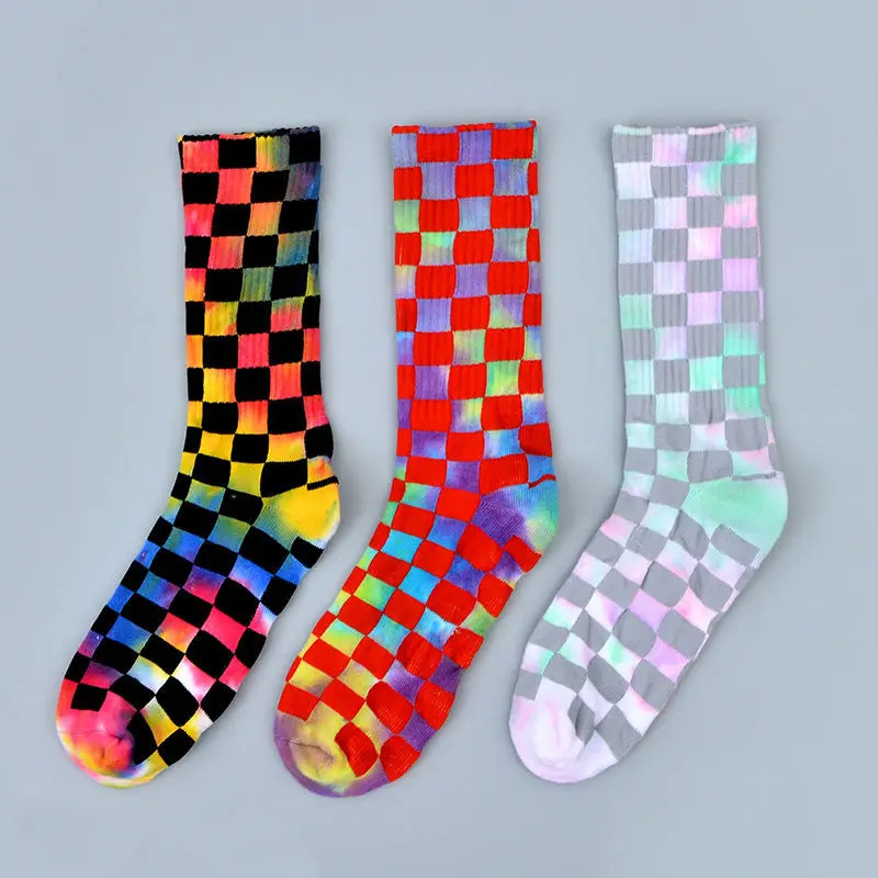 

Checkerboard Lattice Tie-dye Socks for Men and Women Street Stockings Terry Thickened High-tube Skateboard Sports Socks