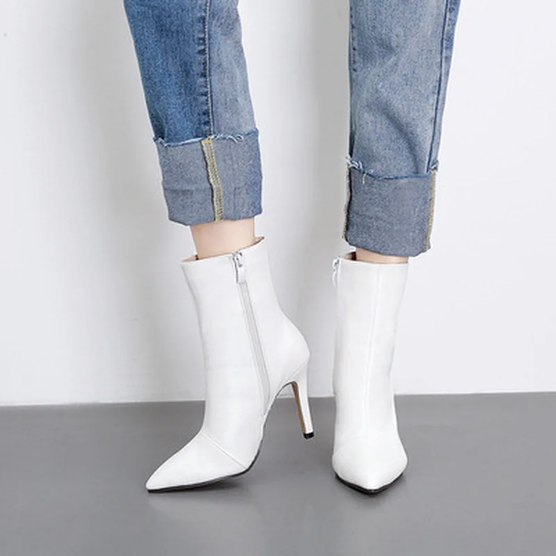 

2021 New Women Boots Ankle Boots PU Leather Zipper Women Booties High Heels Autumn Boots Women Shoes White Black