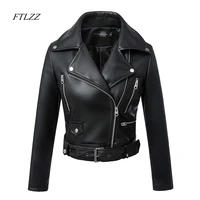 ftlzz new women autumn winter black faux leather jackets zipper basic coat turn down collar motor biker jacket with belt