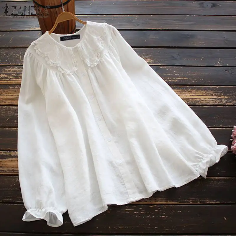 

Рубашка ZANZEA Женская кружевная на пуговицах, однотонная блузка с длинным рукавом, винтажная блузка в стиле оверсайз, Весна повседневные своб...