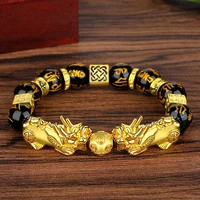 fengshui golden color pixiu unicorn obsidian beads bracelet charm lucky wealth for women trendy jewelry word proverbs bracelet