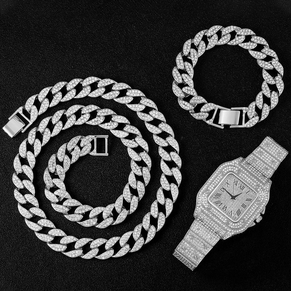 Цепочка мужская колье часы браслет в стиле хип-хоп Майами панцирное плетение