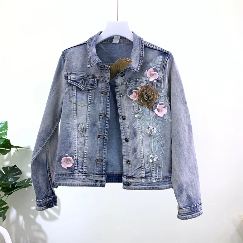 

autumn women jackets Korean Heavy three-dimensional flower beaded denim female short Jeans basic jacket