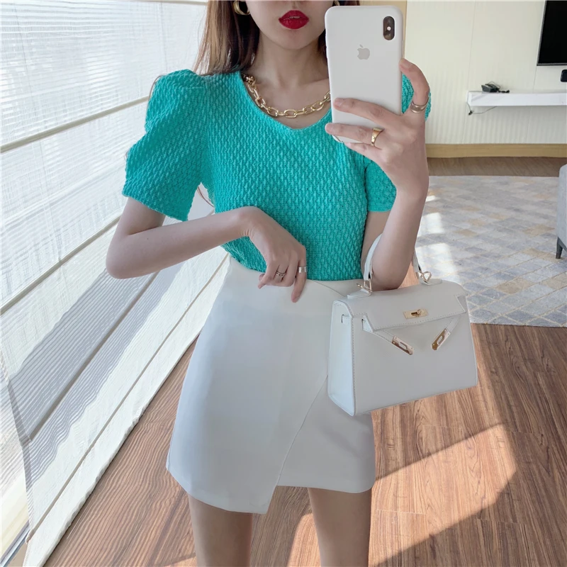 

Korean Versatile Crop-Top Top Women's 2021summer New Chic Western Style Puff Short Sleeve T-shirt Ins Fashion