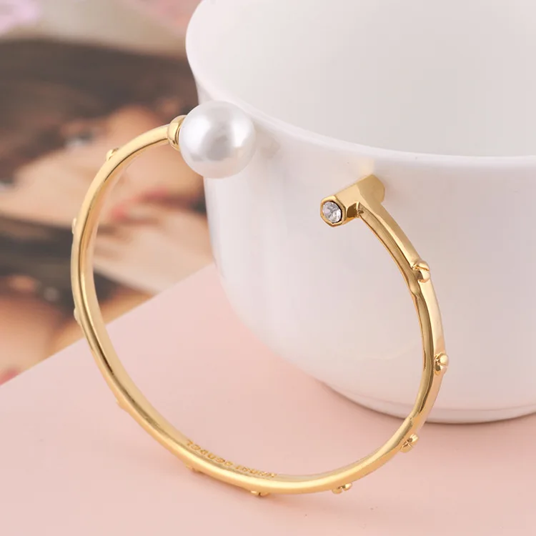 

European and American Pearls Rivet Thin Open-End Bangle Fashion Bracelet for Women