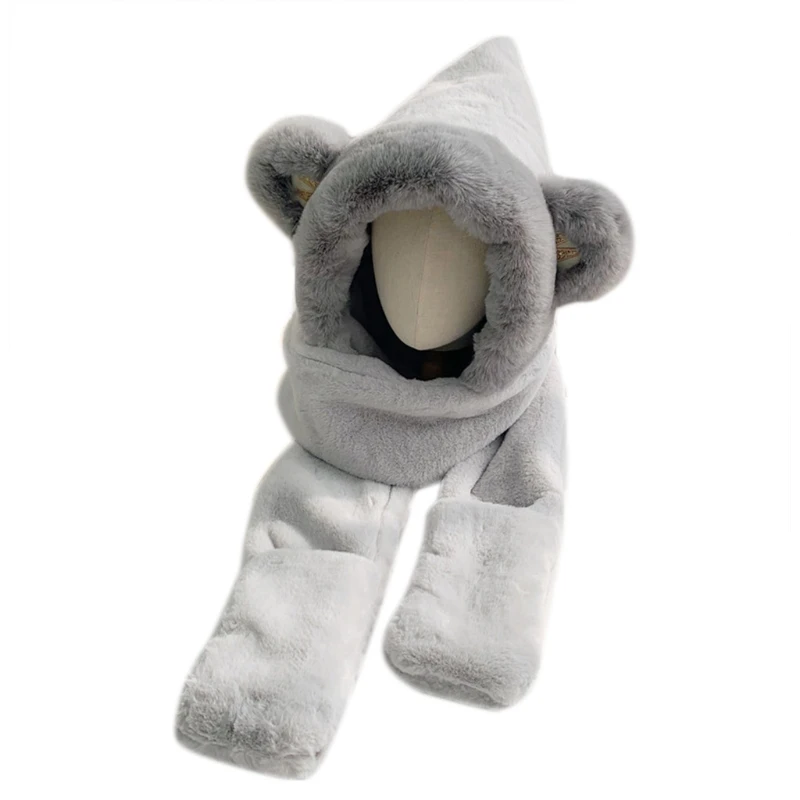 

Winter 3 In 1 Fluffy Plush Warm Hooded Long Scarf Hat Animal Print Earflap Cap E15E