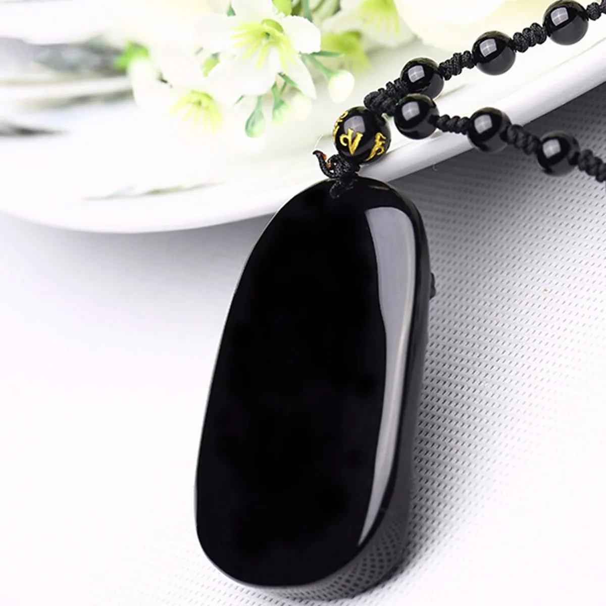 

Ожерелье с подвеской из натурального черного обсидиана, с гравировкой в виде дракона на удачу