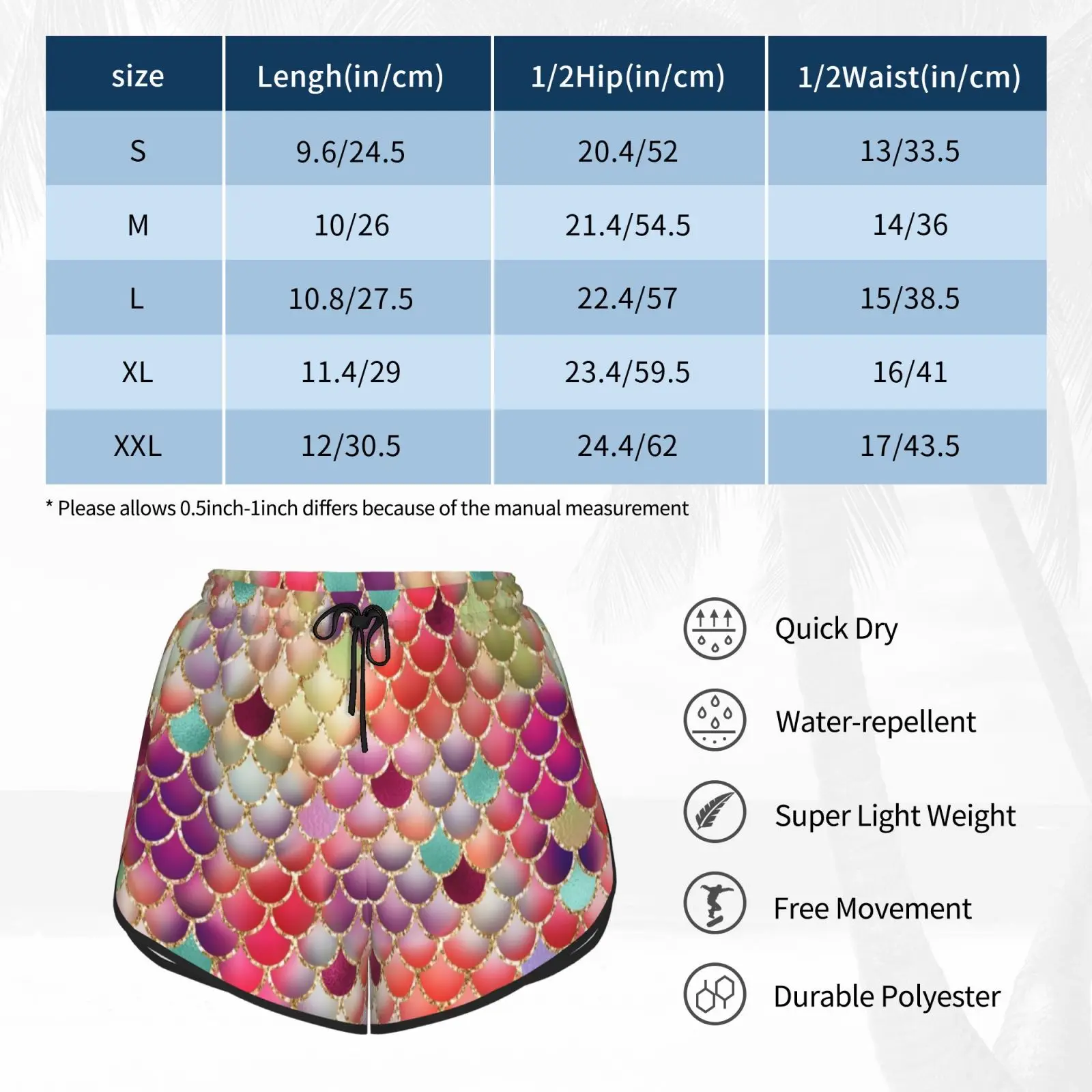 

Multicolor Mermaid Scales Swim Shorts Women Beach Shorts Purple Multicolor Rainbow Mermaid Glitter Metal Pattern Sparkly