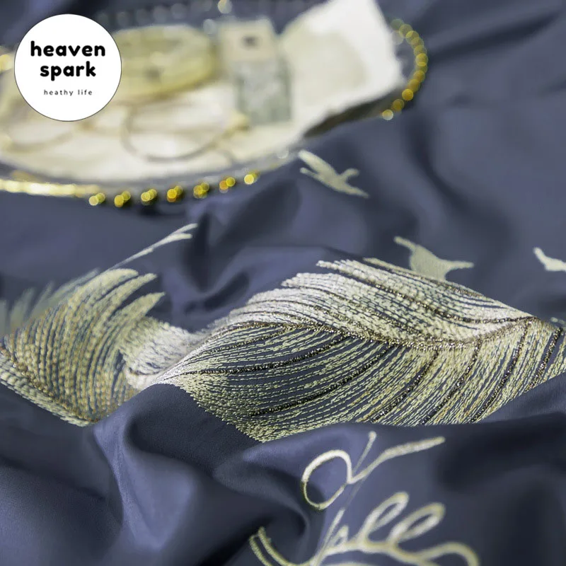 

Luxury 15 Colors Bedding Set Elegant Home Textiles Embroidered Feather organic Cotton Bed Linen UK Satin Duvet Cover Set 4Pcs