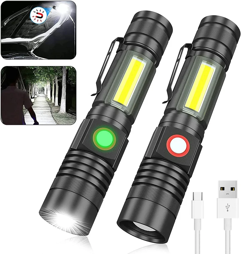 

Rechargeable Flashlight linterna Super Bright Magnetic LED Torch with COB Sidelight a pocket clip Zoomable for Camping