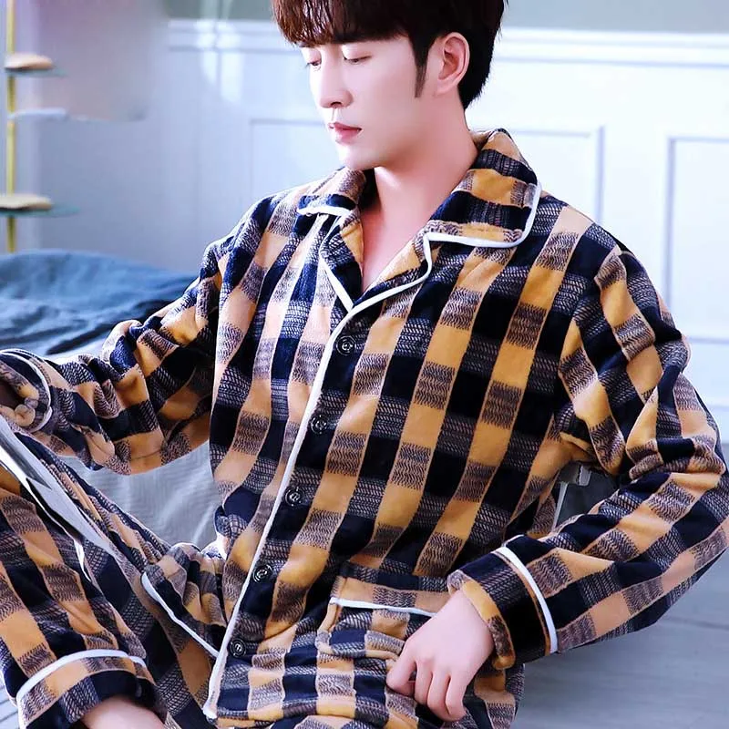 Coral Fleece Men Pajama Set AUtumn Winter Soft Thicken Cartoon Printed Flannel Sleepwear 2pcs/set Tops + Warm Pants Home Clothes
