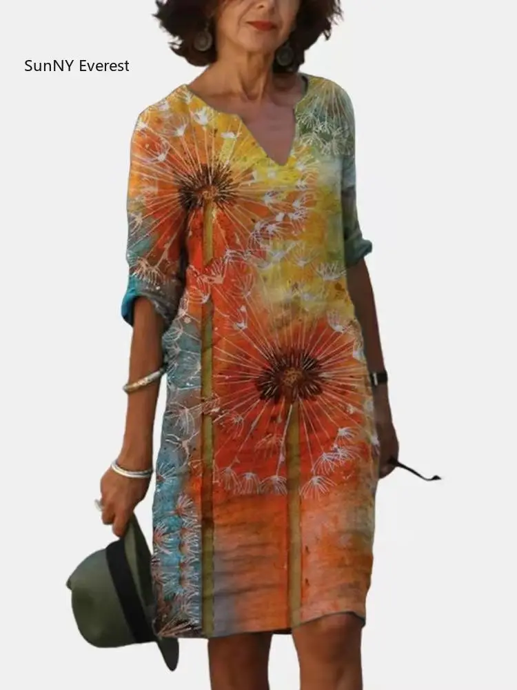 

2021 Summer New Style Long Dress Mid-sleeve V-neck Floral Print Retro Nostalgic Ladies Dress Fashion Vestidos Woman Dress