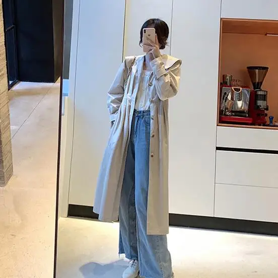 Новый Демисезонный Для женщин простой плащ с отложным воротником длинным