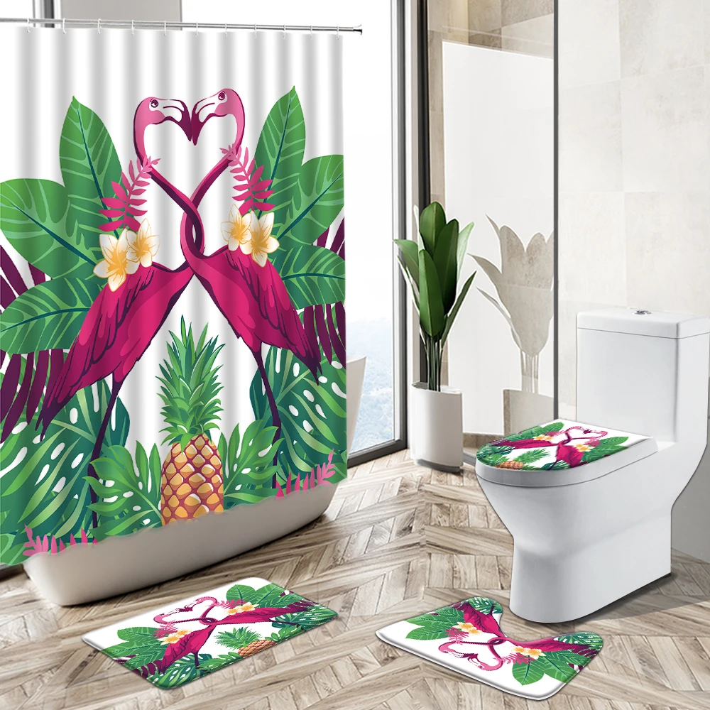 

Flamingo Shower Curtain Set Parrot Bird Animal Tropical Plant Banana Palm Leaf Home Decor Bath Mat Toilet Cover Bathroom Carpet