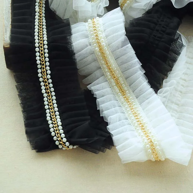 

5Meters White Black Pleated Pearl Lace Trim Bubble Skirt Ruffle Mesh Lace Ribbon Folded Lace Fabrics Lolita Hair Accessories