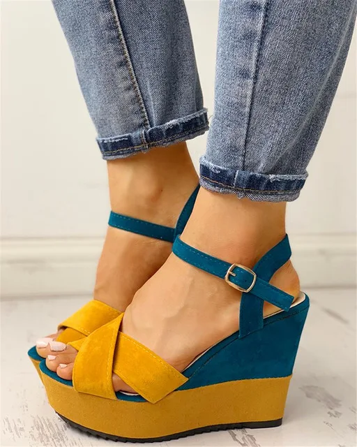 

INS Top Quality Ankle-strap Leisure Wedges Women Shoes Summer Sandals Woman Patchwork Platform High Heels Shoes Woman 2020