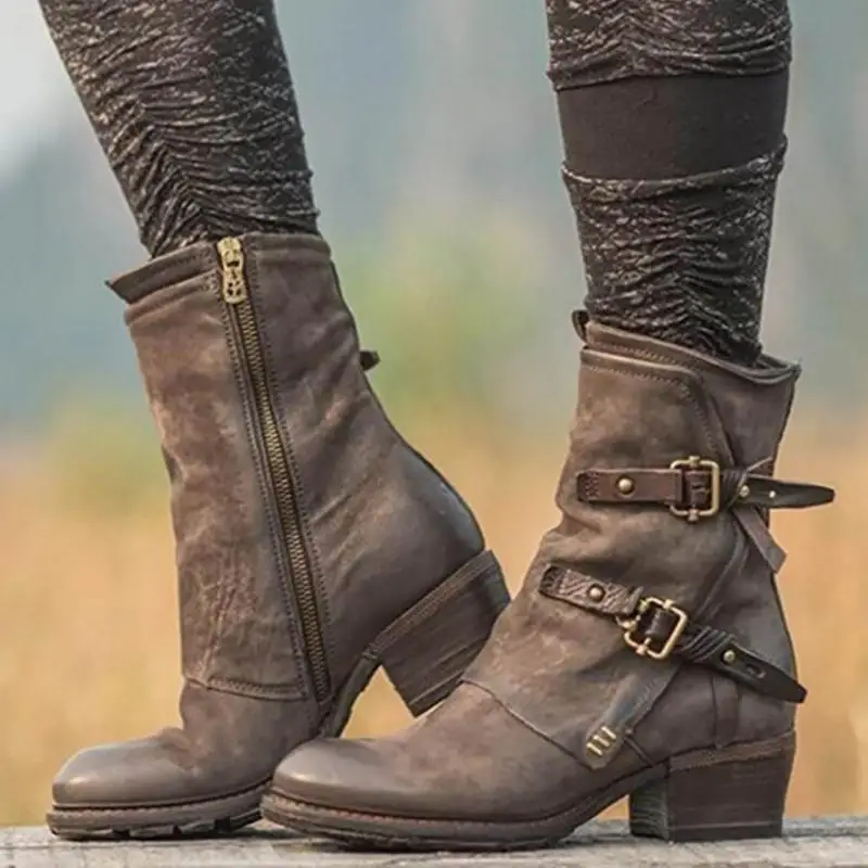 Autumn Women Shoes Motorcycle Boots Platform Low Square Heel Round Toe Ankle Buckle Handmade Sewing Punk Cool Ladies Female 2021