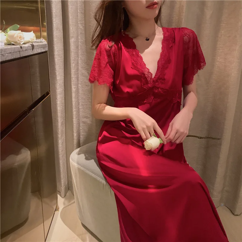 

Women's Nightgowns Long Short Sleeves with Chest Cushion Polyester Ice Silk Pajamas Lady Cute Sleepshirts Women Sleep Lounge
