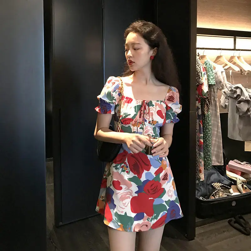 

Retro Floral Dress Summer High Waist Thin Temperament Sleeve Skirt Women All-Matched and Comfortable MAEA99