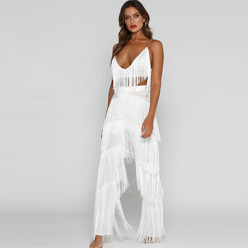 White Set Модный сексуальный комплект одежды для ночного клуба с кисточками, однотонные красные женские укороченные топы на молнии сзади+ брюки с бахромой, комплект из 2 предметов - Цвет: White Set