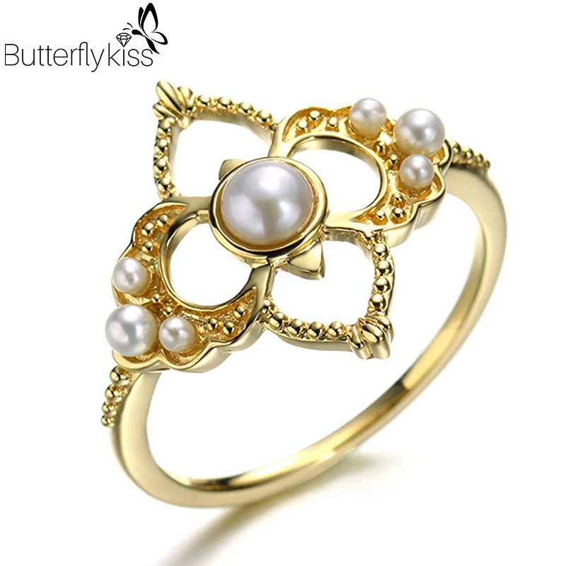 

BK 14K Genuine Gold 585 Rings For Women Yellow Gold Natural Pearl Four-Leaf Clover Vintage Luxury Jewelry Elegant Female Gifts
