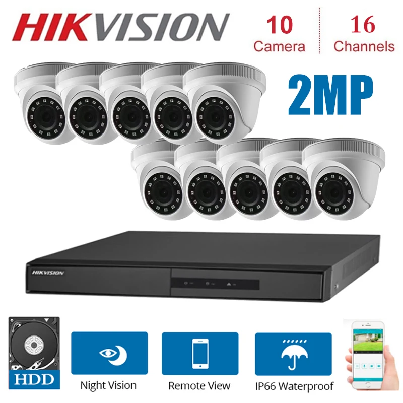 Hikvision 16 каналов видеонаблюдения DVR с 10 шт 2MP 4 в 1 HD ночное видение комнатные камеры