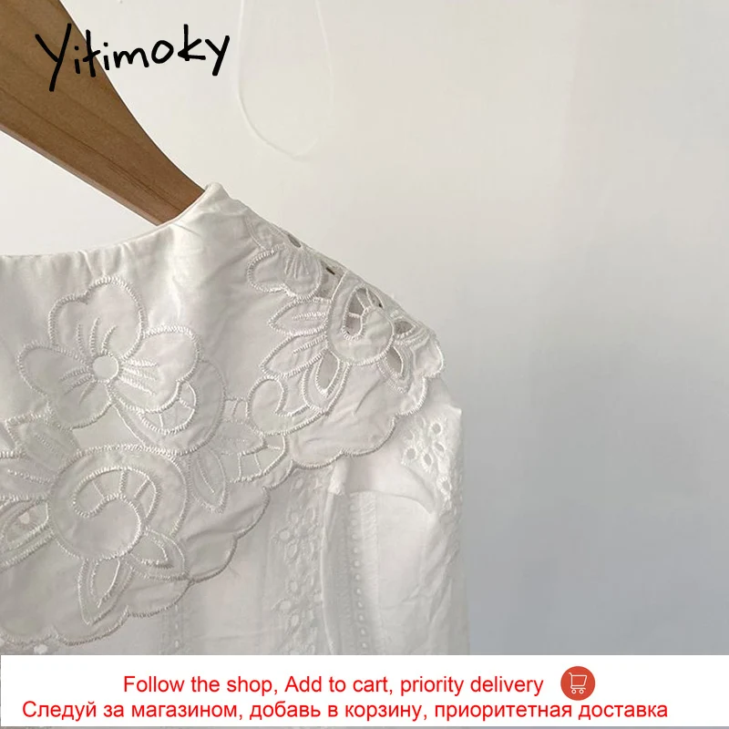

Yitimoky Vintage Women Shirts Hook Flower Hollow 2021 Summer Fashion Single Breasted Puff Sleeve Turn-down Collar Short Tops