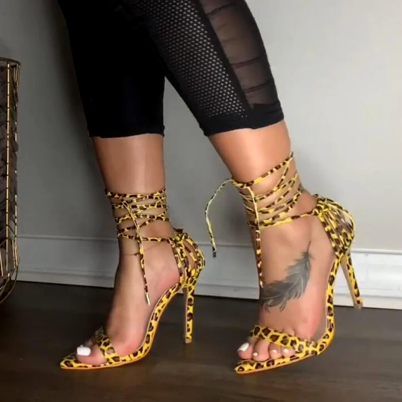 

Kcenid Fashion 2020 summer women's sandals PU lace-up knot ladies high heel sandals sexy leopard woman shoes sandalen pumps new