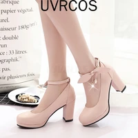 thick platform high heels lolita shoes bow womens leather autumn pink black female round head buckle fashion party spring 2022