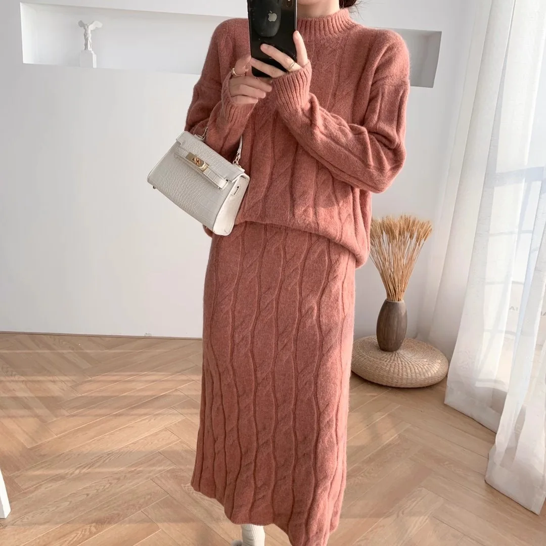 

New brand famous elegant Plain knitted Sweater Female elegant skirts Two Piece set outfit